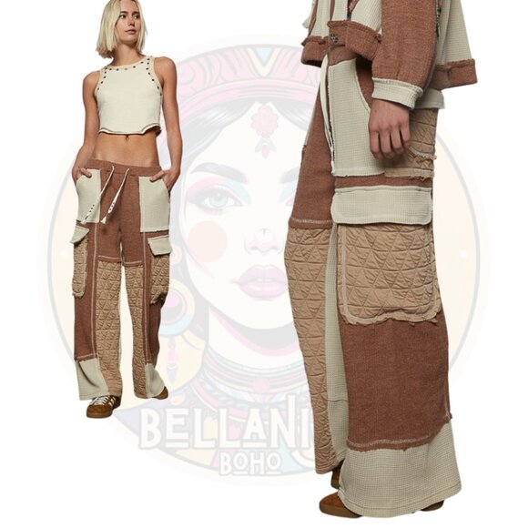 P102 POL Oat/ Chocolate Floral Knit Thermal Quilted Pants - Picture 2 of 3